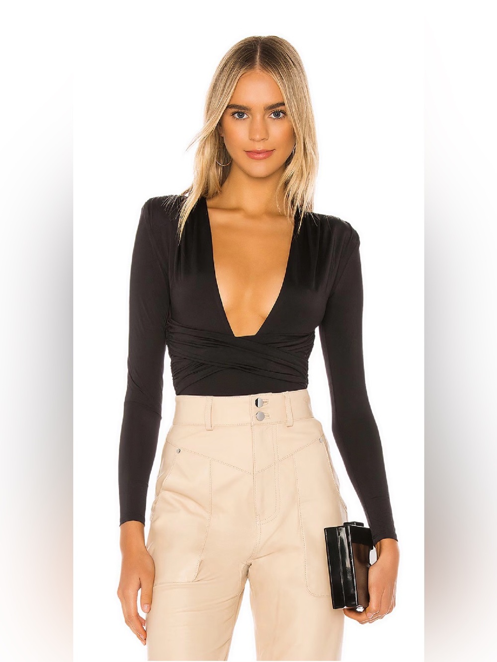Lovers + Friends Anya Black Ruched V-Neck Bodysuit